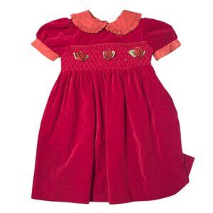 Vintage Red Velvet Girls Dress W/ Embroidered Roses & Peter Pan Collar Size 4T M